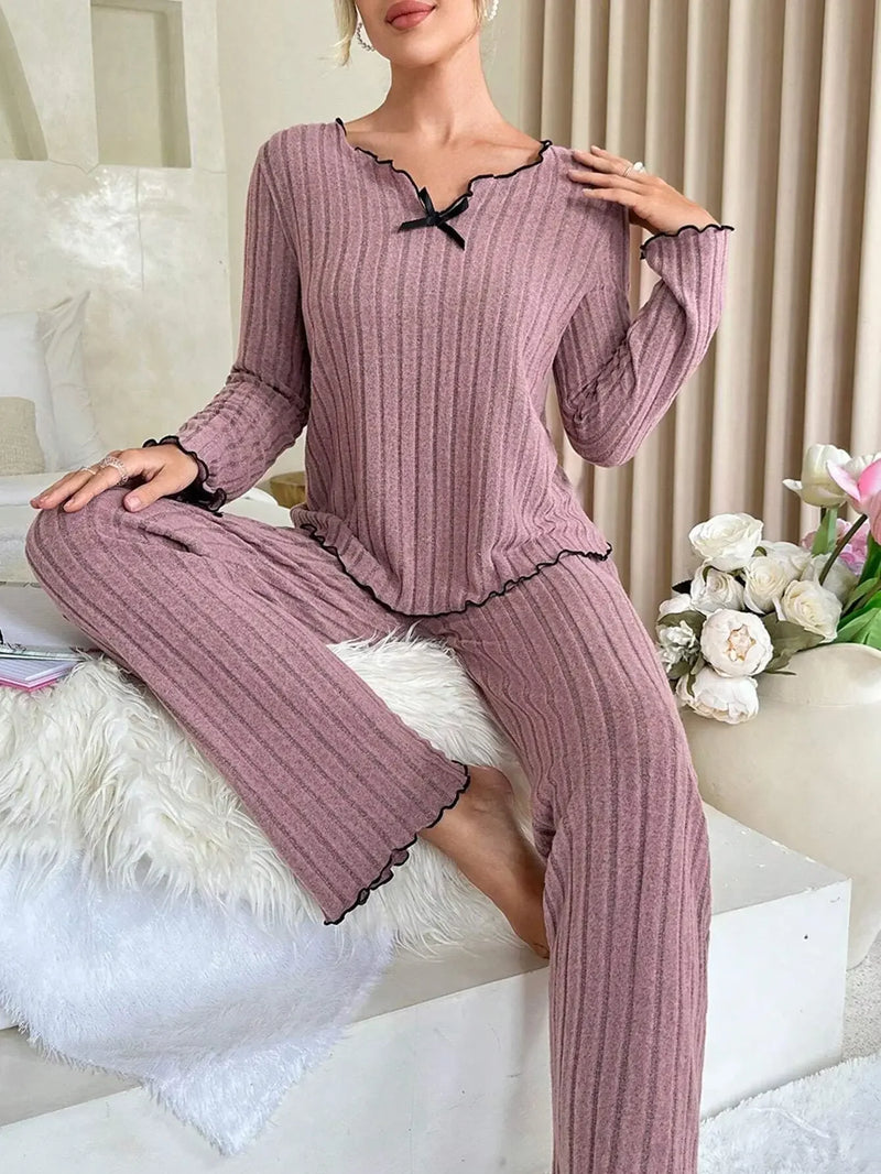 Women Autumn Winter Sleepwear Ribbed Pajamas Set Long Sleeve Top and Long Pants 2 Piece Set Casual Homewear Loungewear