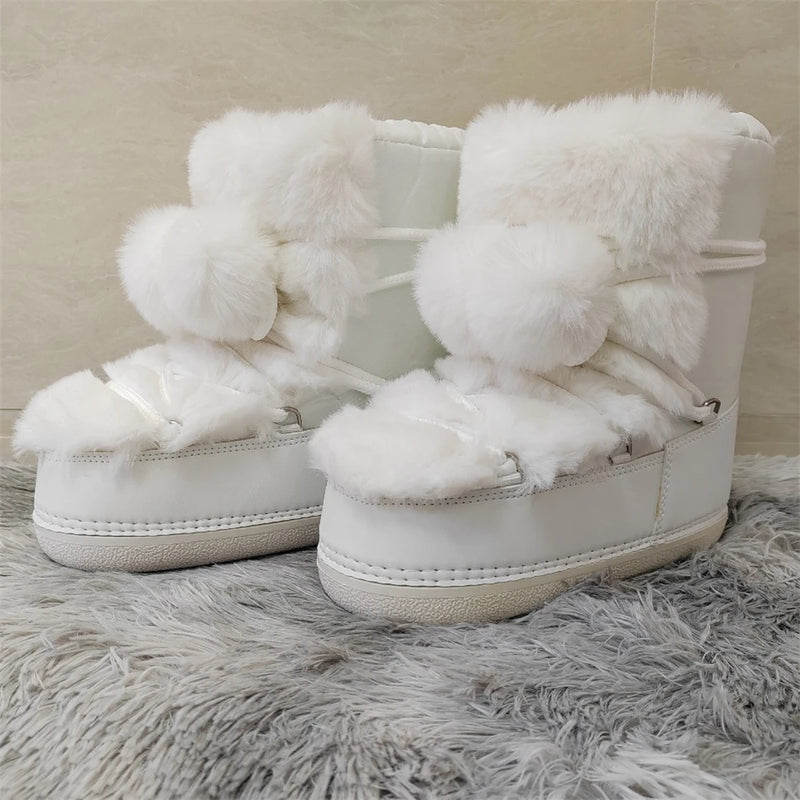 Faux Fur Boots for Women Warm Comfortable Woman Ski Boots 2024 Winter Middle Claf Lace-up Waterproof Platform Snow Boots Black