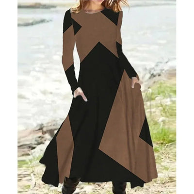 New 2024 Women's Casual Elegant Party Dress Contrast Color Ladies Spring Autumn Loose Long Sleeve Dress with Pockets Midi Dress