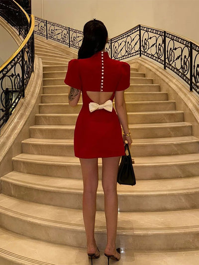 Fashion Back Single Breasted Hollow Out Bow Mini Dress Elegant Solid High Waist A Line Short Dresses 2024 New Lady Party Gowns