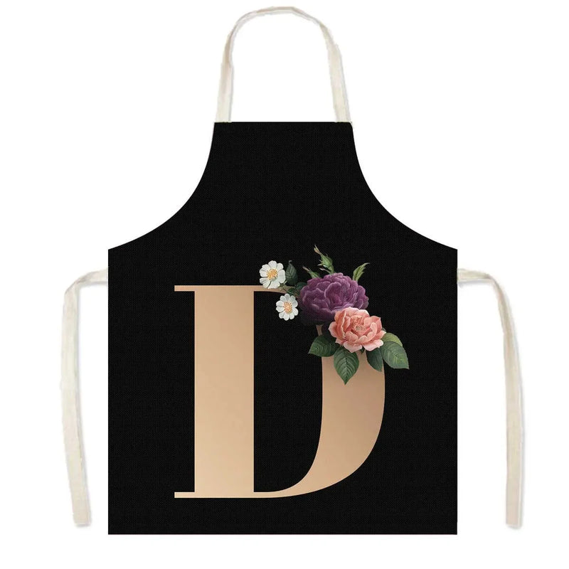 26 Initials Flower Print Kitchen Apron A-Z Letter Women Cooking Aprons BBQ Chef Waiter Home Baking Cleaning Tool Pinafore