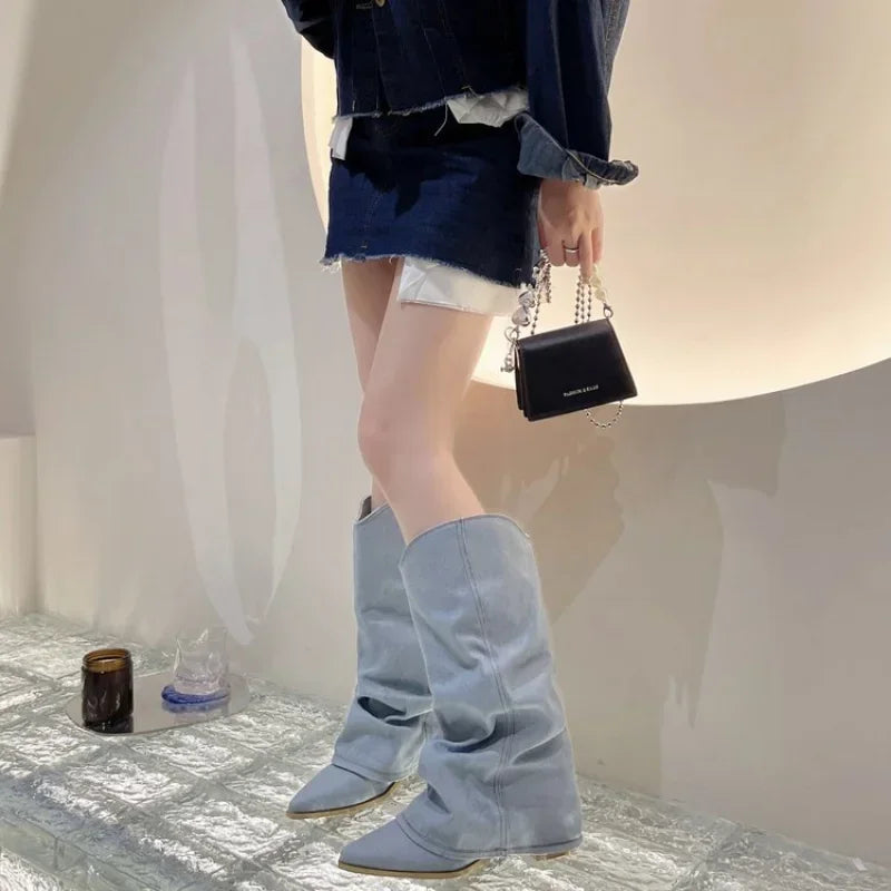 Women Pleats Blue Denim Thigh High Boots Autumn New Thick Heeled Pointed Toe Cowboy Boots Woman Slip On Western Long Boots