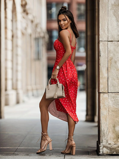 Women's Sexy Mid-Length Dress Women's Suspender Fashion Floral Belt Backless Slit Slim Sleeveless Dress