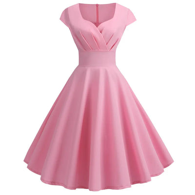 Pink Summer Dress Women V Neck Vintage Robe Elegant Retro pin up Party Office Midi Dresses