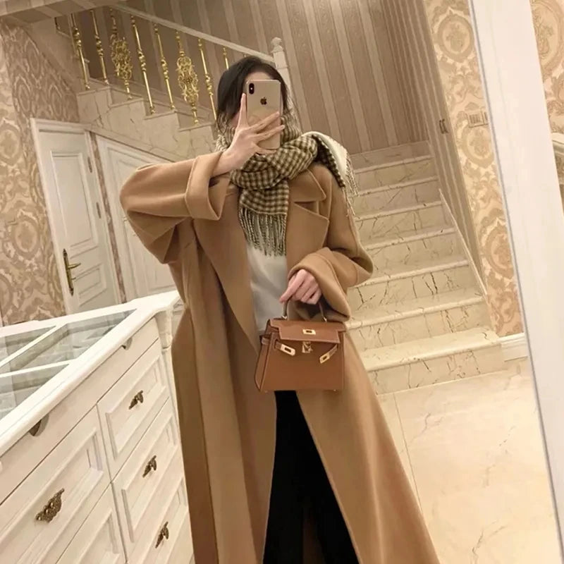 Fashion 100% Wool Coat Belt Black Woolen Long Coat For Women Oversize Loose Lapel Overcoat Autumn Lady High Street Outerwear