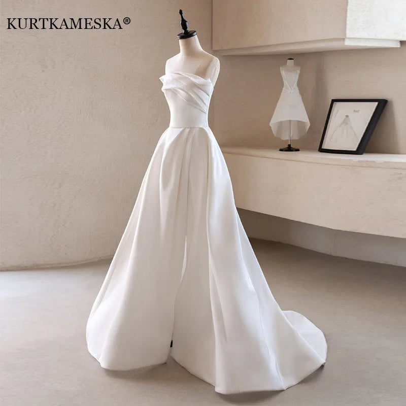 French Luxury White Satin Trailing Wedding Dresses for Bride 2022 Women Elegant Sexy Strapless Long Prom Party Dress vestidos