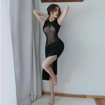 Sexy lingerie dress Thin perspective tearable tight and deep V-revealing sexy long skirt women's elegant dresses Sex shop xxx