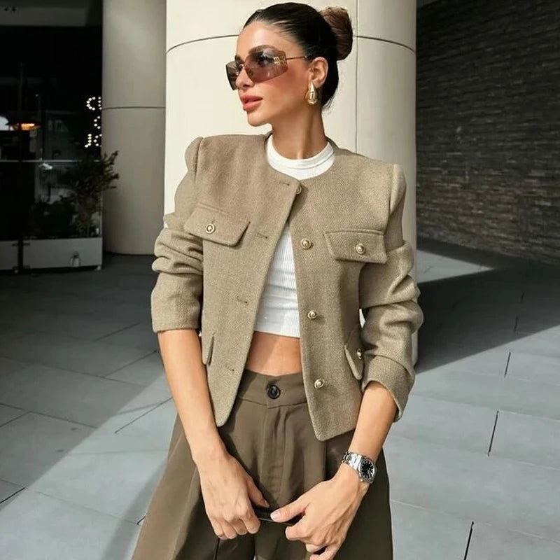 TRAF Woman Outerwears Autumn Long Sleeve Cropped Jacket For Women Winter Button Demi-Season Short Coats Elegant Women&