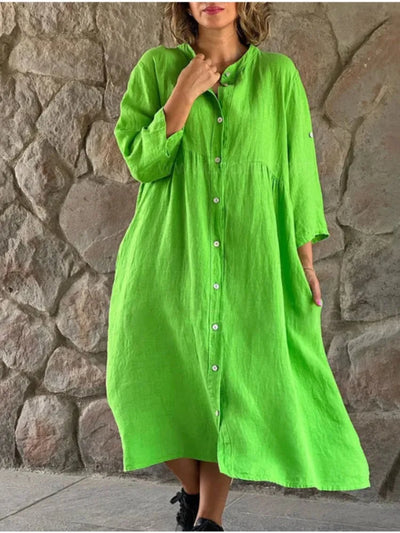 Spring Summer Women Cotton Linen Dress 2024 Fashion Loose Button Long Sleeve Shirt Dresses Solid Beach Party Pockets Dress Robe