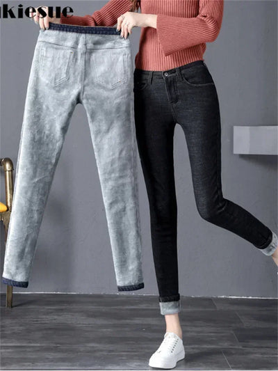 2022 Winter Jeans Women Gold Fleeces Inside Thickening Denim Pants High Waist Warm Trousers Female jeans woman Pants