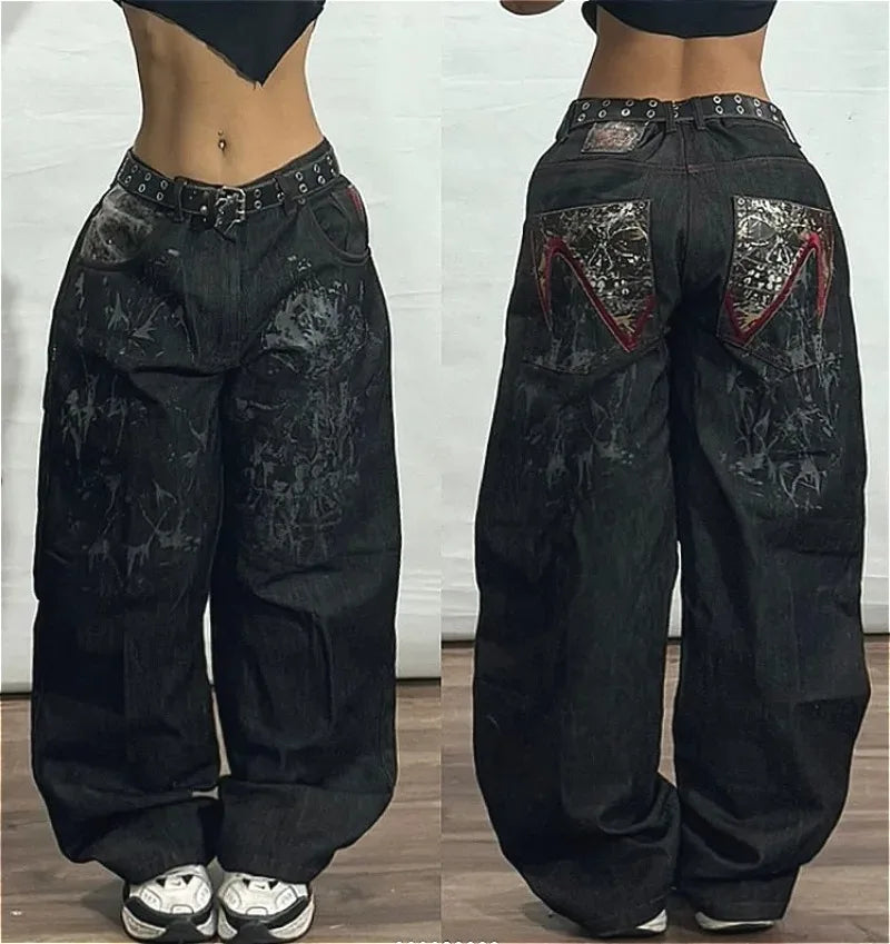 New Retro American Street Hip-hop Loose Jeans Female Y2K Harajuku High Waist Wide Leg Pants Gothic Wide Pants Street Pants Male