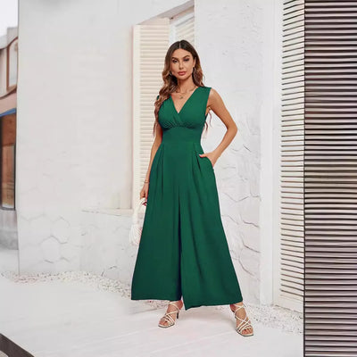 2025 Summer Women's Commuter Sleeveless Fashion V-neck Waist Sleeveless Jumpsuit