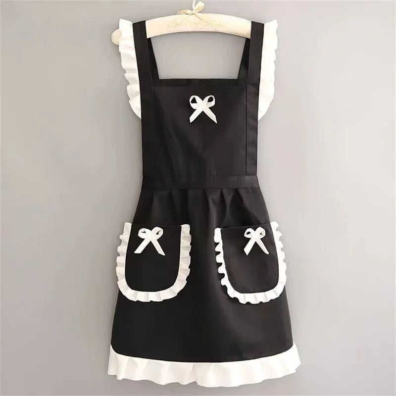 Cute Japanese Apron Maid Dress with Waistband Kitchen Household Restaurant Workwear for Women  Coffee Overalls Apron