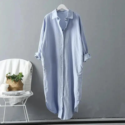 Fashion Long Sleeve Cotton Linen Midi Dress Women 2024 Fall Loose Casual Comfortable White Buttons Dresses For Women Robe Femme