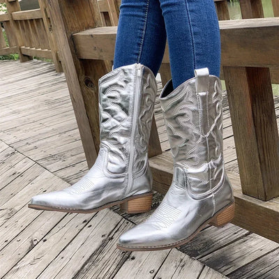 Women Shoes High Quality Gold Women's Boots Mid-calf Side Zipper Western Cowboy Boots Silver Retro Boots Woman Zapatos