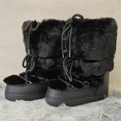 Faux Fur Boots for Women Warm Comfortable Woman Ski Boots 2024 Winter Middle Claf Lace-up Waterproof Platform Snow Boots Black