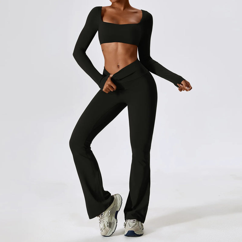 2 Pieces Women Tracksuit Yoga Set Workout Sportswear Gym Clothing Fitness Long Sleeve Crop Top High Waist Leggings Sports Suits