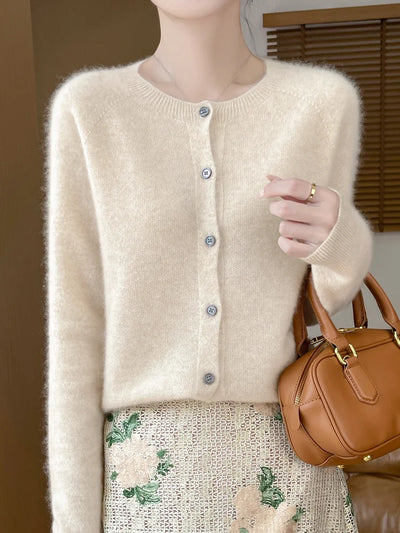 Autumn Winter Women 100% Merino Wool Sweater O-Neck Solid Color Cardigan Long Sleeve Clothing Cashmere Knitwear Bottoming Tops