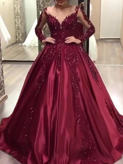 Wedding Dress Women V Neck Sexy Sequin Floral Floor Length A Line Dresses Full Sleeve High Waist Elegant Gown Vestidos