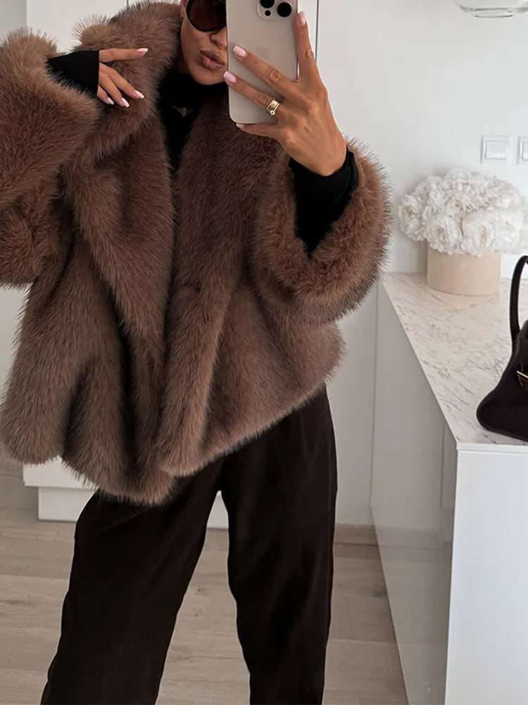 Oversized Brown Fluffy Faux Fur Coats For Women Winter Autumn Loose Lapel Cardigan Jacket 2024 New High Street Warm Outwear