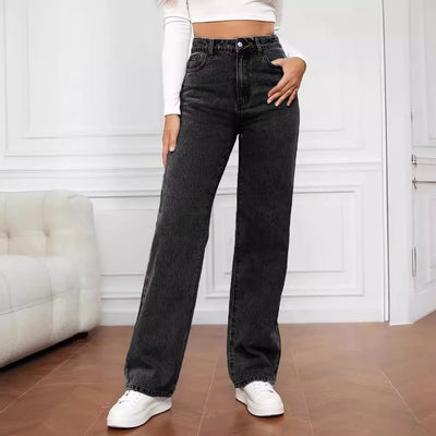 Europe and America New Fashion Washed High-waisted Jeans, Women's Spring and Summer New Straight Pants, Casual Wide-leg Pants