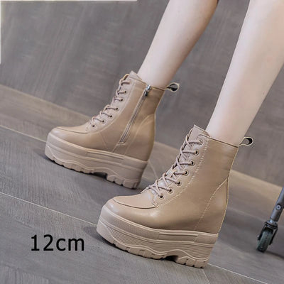 Fujin 10cm 12cm Women Casual PU Leather Woman Platform Wedge Ankle Boots Spring Autumn Shoes Chunky Sneakers Winter Plush  Shoes