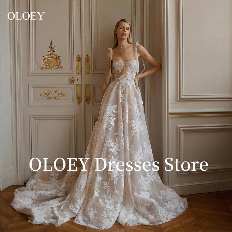 OLOEY Elegant A Line Lace Floral Wedding Dresses Boho Adjustable Straps Customised Bridal Gowns Vestidos de noiva Photo shoot