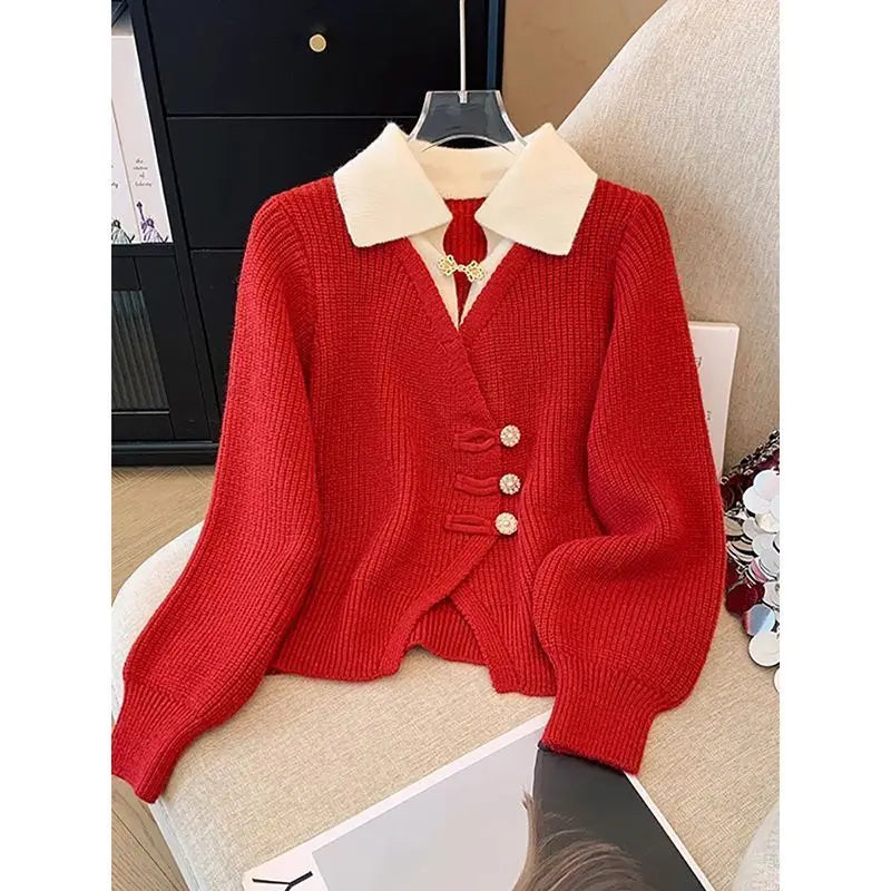 2024 autumn new design splicing two cardigans temperament sweater knitted top versatile autumn and winter coat