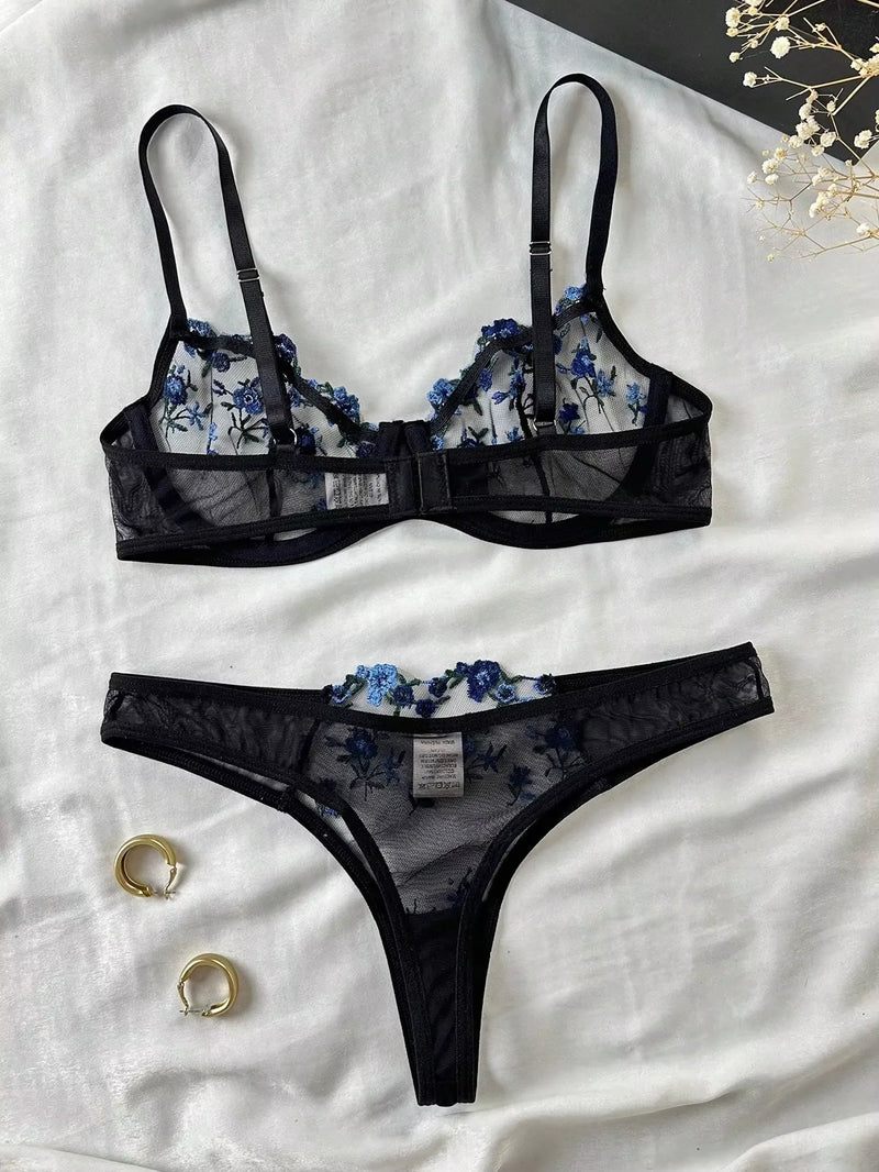 Erotic Embroidery Blue floral fragments Lace Babydoll Sensual Lingerie Bra Set For Women Underwear Intimate Sexi Panty Set 2024