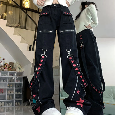 Star Print Jeans Female Y2K Stitching American Street Retro Straight Zipper Pants Campus Summer Harajuku Loose Jeans