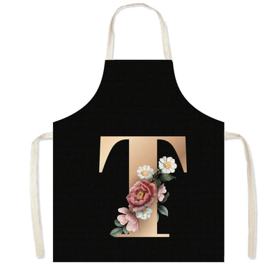 26 Initials Flower Print Kitchen Apron A-Z Letter Women Cooking Aprons BBQ Chef Waiter Home Baking Cleaning Tool Pinafore