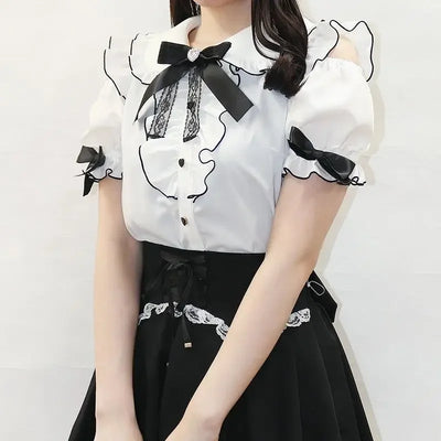 Sweet Lolita Fashion All Match Blouses Women Japanese Summer Y2k Aesthetic Ruffled Bow Shirts Girly Kawaii Patchwork Tops Blusas