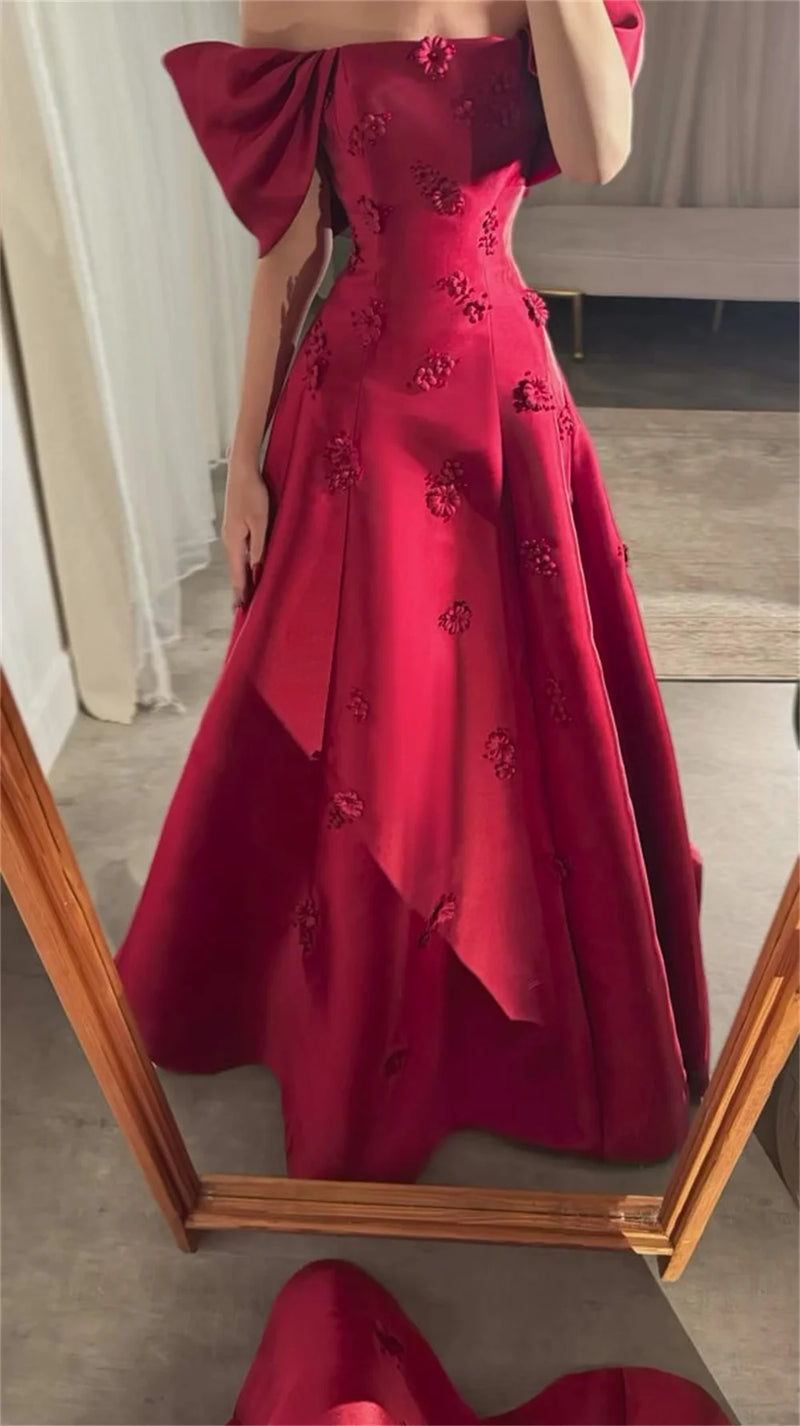 Bella Customized Satin robes de soirée A-Line Strapless 3D Floral Evening Dresses Red Floor-Length Wedding Party Wedding Dress