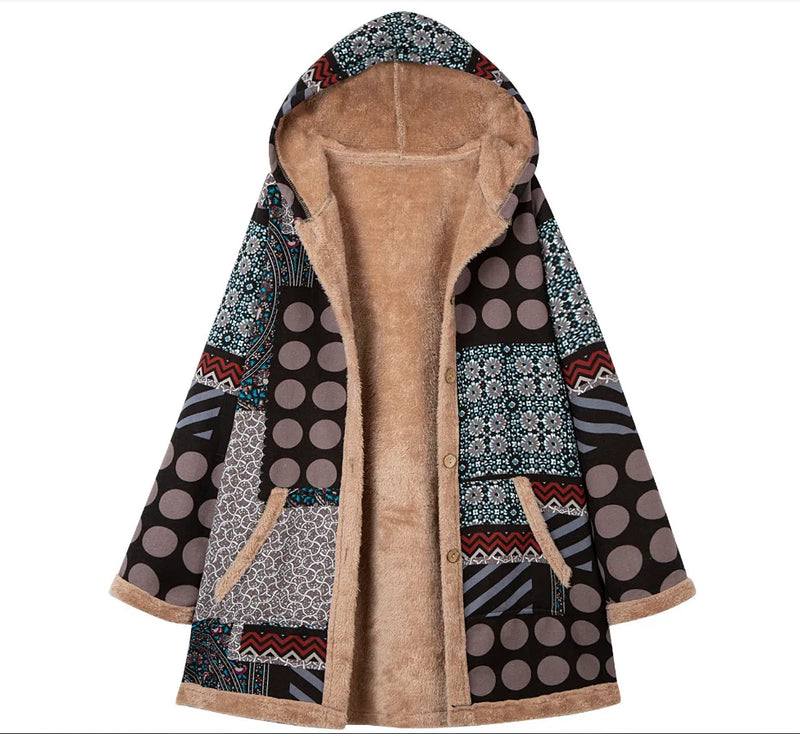 2023 Winter Vintage Women Coat Warm Printing Thick Fleece Hooded Long Jacket with Pocket Outwear Loose Jackets шерстяное пальто