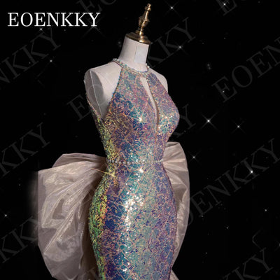 EOENKKY Halter Sparkly Evening Dress Mermaid Style Luxury Sequin Backless Wedding Party Dresses Detachable Train Sleeveless