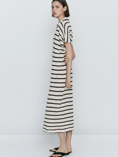 Ethereal MD 2024  massdutt winter new style of Cotton blend casual striped POLO neck long dress