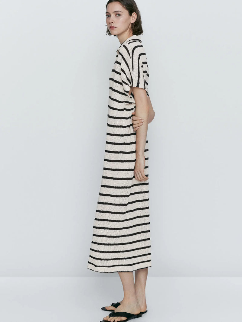 Ethereal MD 2024  massdutt winter new style of Cotton blend casual striped POLO neck long dress