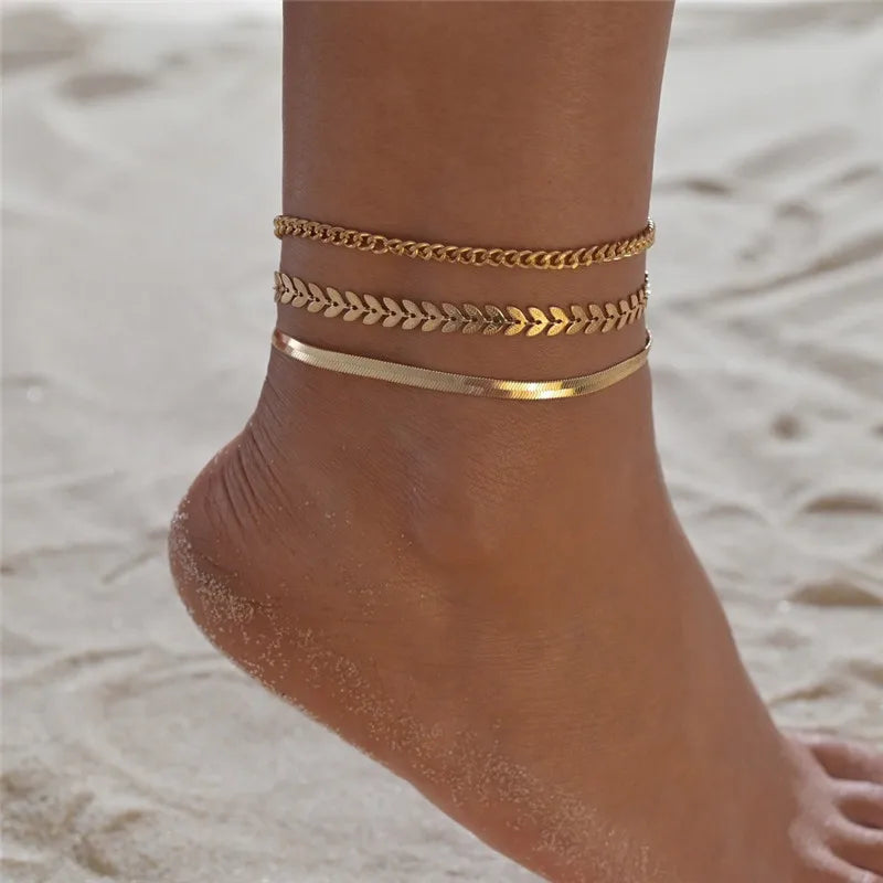 Gold Silver Color Chain Multilayer Anklets Women Beads Anklet Leg Chain Ankle Bracelets Beach Foot Jewelry Accessories
