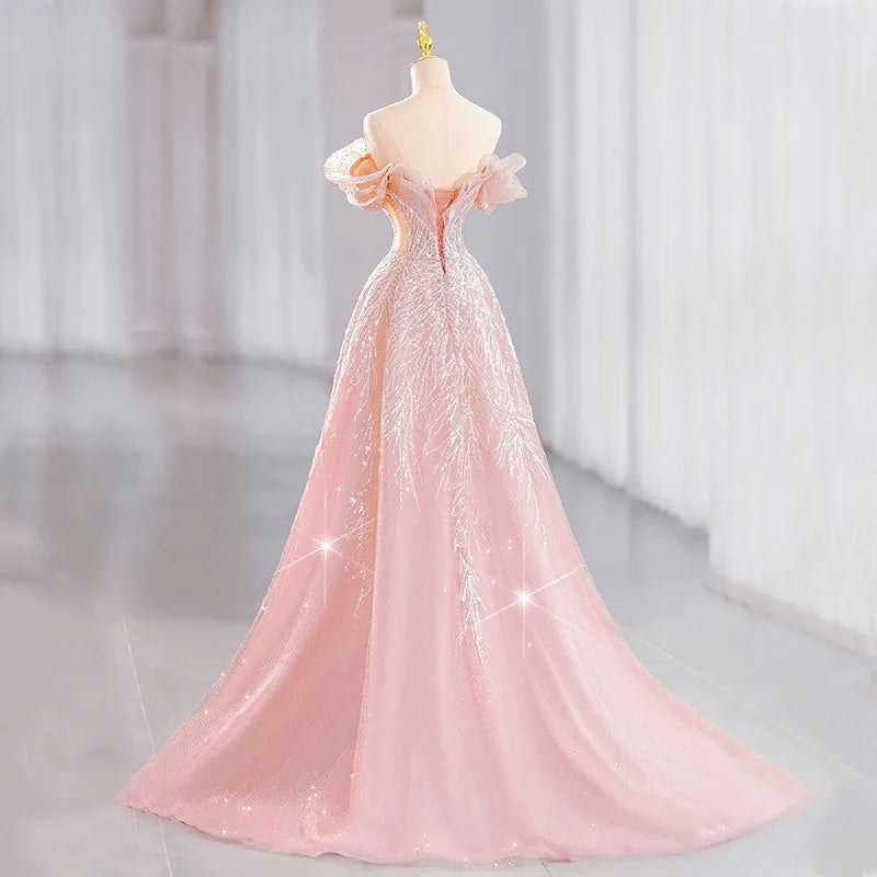 DongCMY Dreamy Pink On The Run Princess Evening Dress Female High-end Engagement Dress Elegant Wedding Party Dress For Women