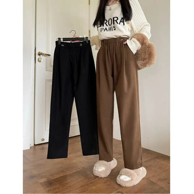 Women Autumn Winter Simplicity Loose Woolen Cloth Solid Color High Waist Straight Women Clothes All-match Warm Casual Suit Pants