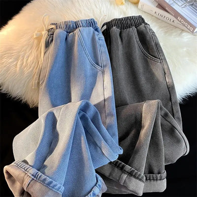 Retro Korean Jeans Men and Women Fall and Winter Models Padded and Thickened Loose Straight Wide-leg Casual Pants