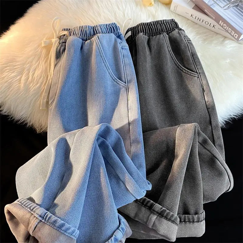 Retro Korean Jeans Men and Women Fall and Winter Models Padded and Thickened Loose Straight Wide-leg Casual Pants