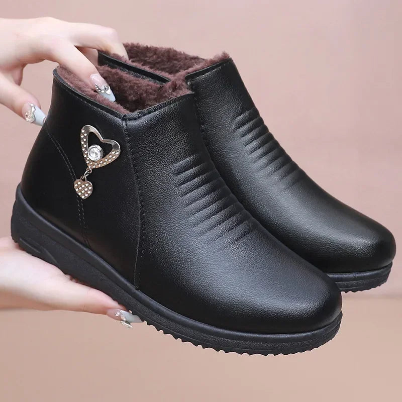 Leather Winter Boots Fashion Women Ankle Boots Plush Warm with Metal Mother Shoes Non-slip Short Boots Woman Botas De Mujer