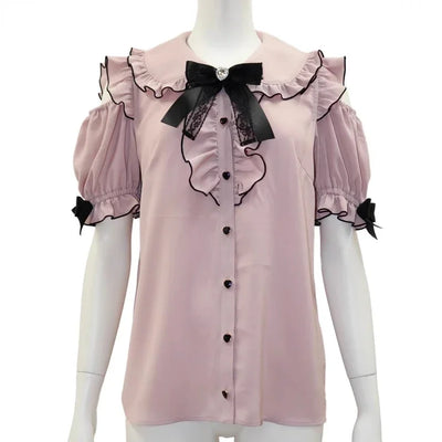 Sweet Lolita Fashion All Match Blouses Women Japanese Summer Y2k Aesthetic Ruffled Bow Shirts Girly Kawaii Patchwork Tops Blusas