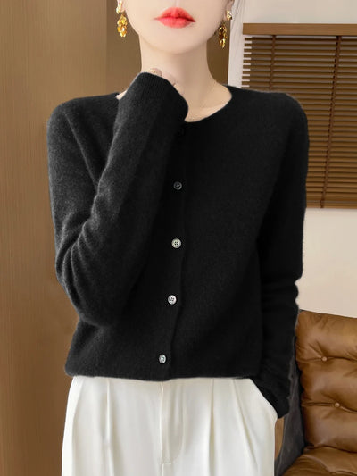 Autumn Winter Women 100% Merino Wool Sweater O-Neck Solid Color Cardigan Long Sleeve Clothing Cashmere Knitwear Bottoming Tops