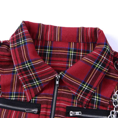 Plaid Punk Streetwear Zipper Chain Plaid Female Goth Retro Hi Hop Camis Top Gothic Chic Sexy Crop Tops Women T-shirt