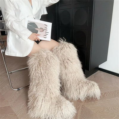 New Fashion Mongolia Fur Woman Snow Boots Fluffy Knee-High Boot Winter Women Fashion Snow Boot Warm Cotton Shoes