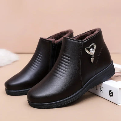 Leather Winter Boots Fashion Women Ankle Boots Plush Warm with Metal Mother Shoes Non-slip Short Boots Woman Botas De Mujer