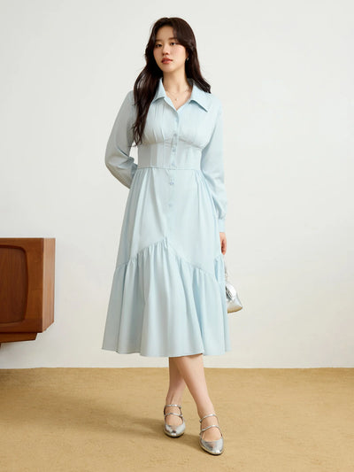 DUSHU Blue Waist Waist Dress 2025 Spring New Product Commuting Elegant Long Dress Casual Loose Women Dress 25DS81103