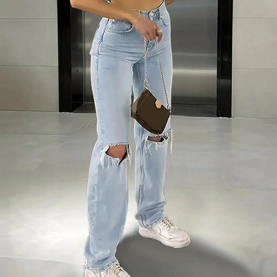 Women's Knee-Slit Relaxed Jeans – Loose Straight Leg with Stretchy Comfort